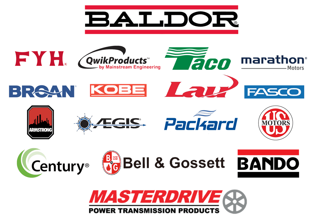 Logos of brands stocked and serviced: Baldor, Marathon, Century, Fasco, Bell & Gossett, FYH and others