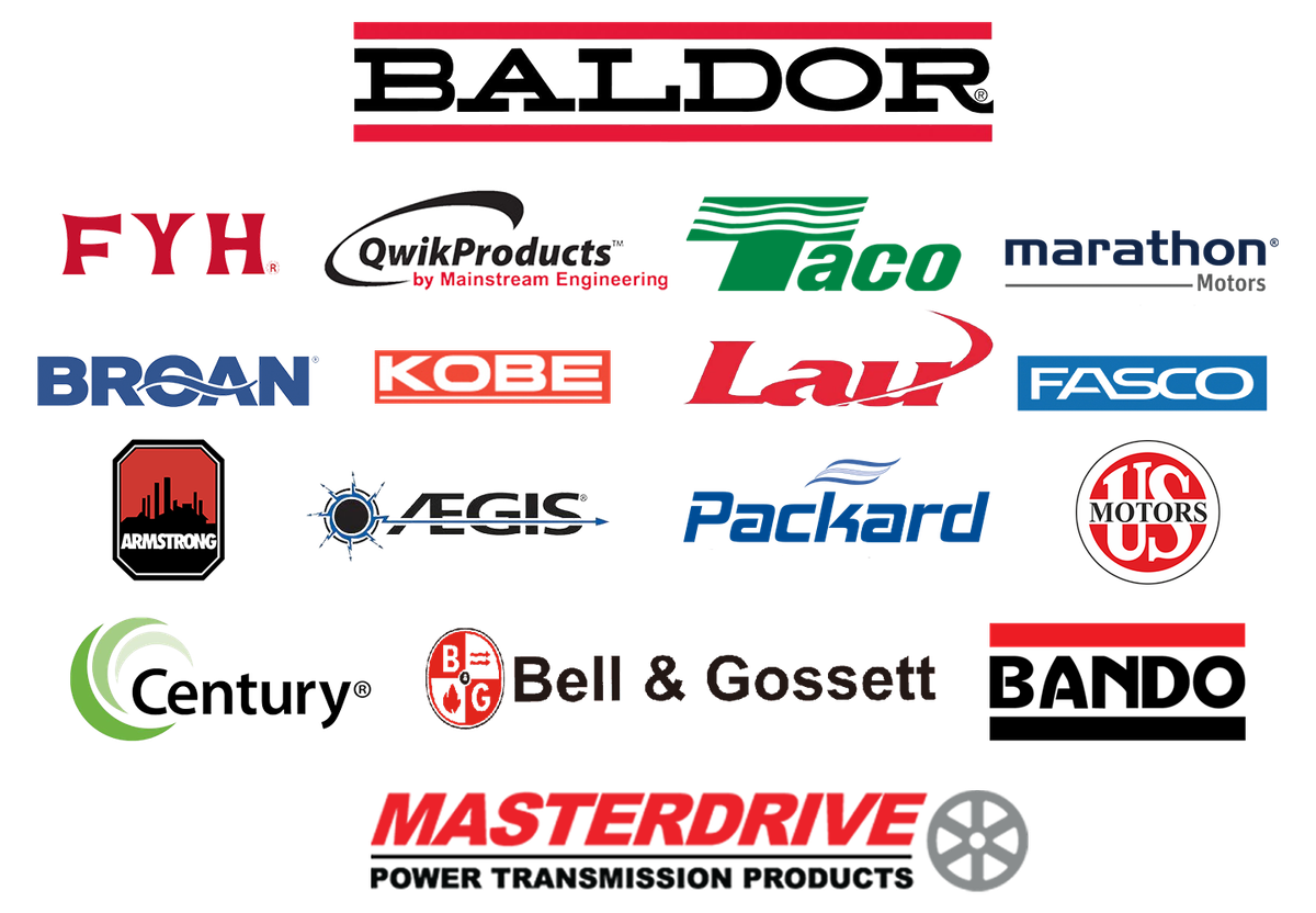 Logos of brands stocked and serviced: Baldor, Marathon, Century, Fasco, Bell & Gossett, FYH and others