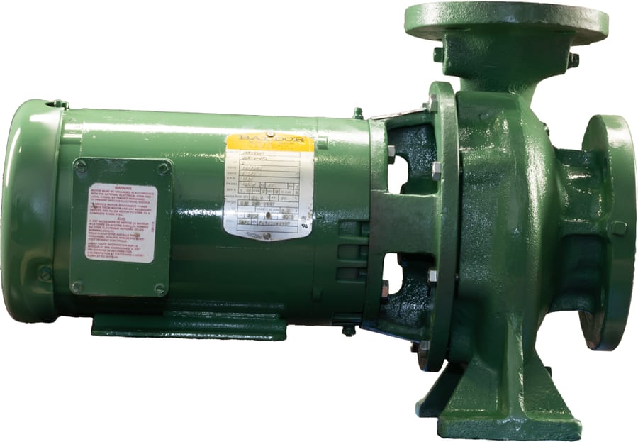 A freshly rebuilt and repainted green centrifugal pump on white after rebuild